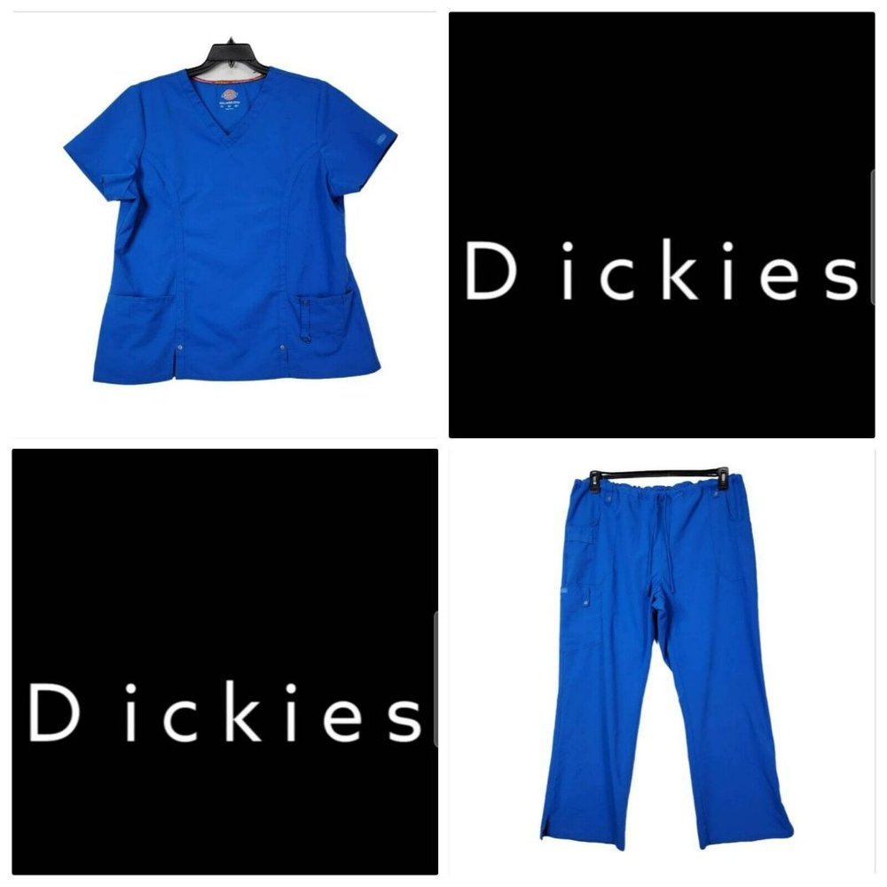 Dickies Woman Blue Medical Blouse Button Front & Pants Elastic Waist 2X-Large